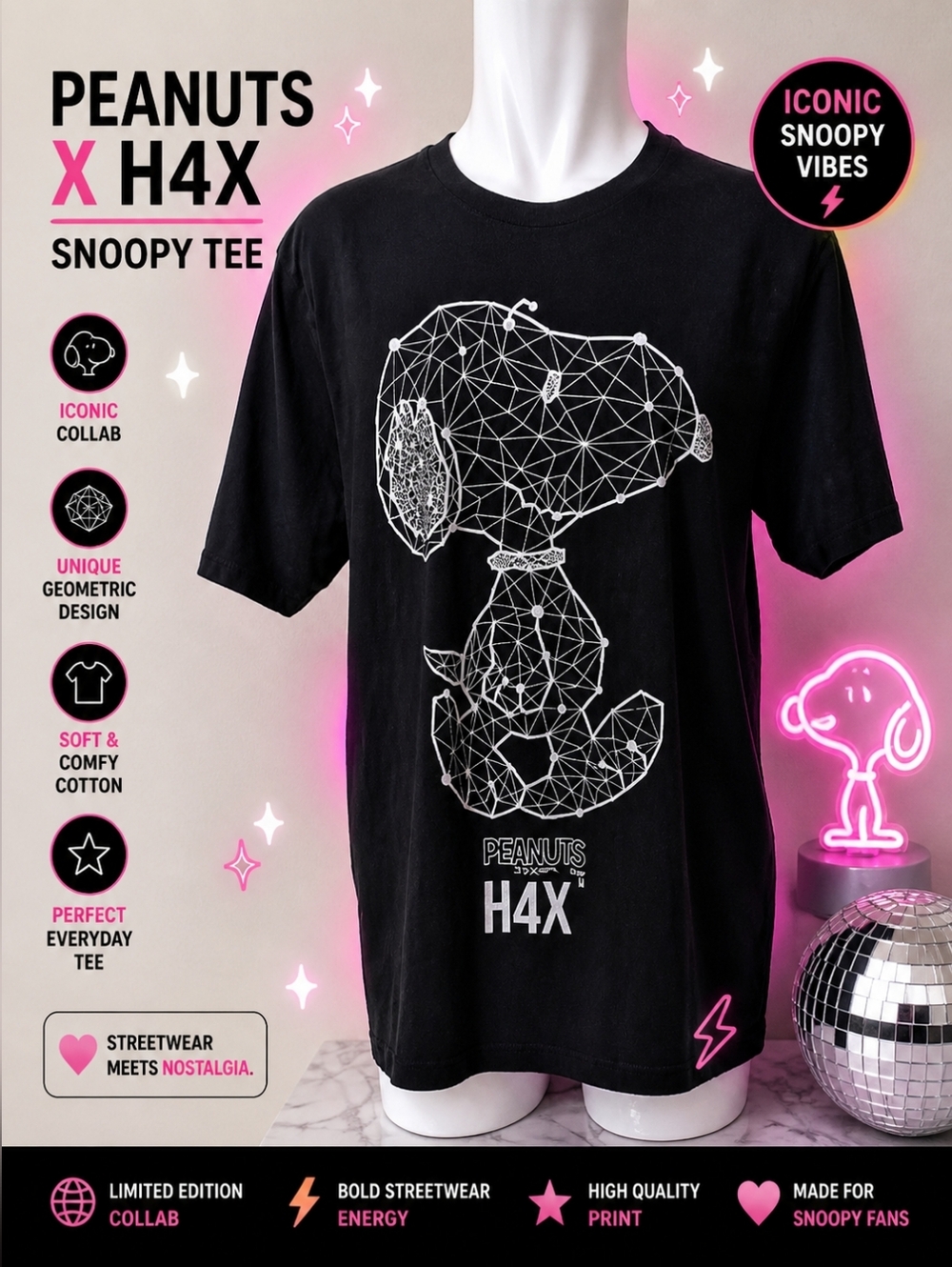 Peanuts x H4X‎ Snoopy Graphic Tee Black Geometric Streetwear Collab Shirt Unisex